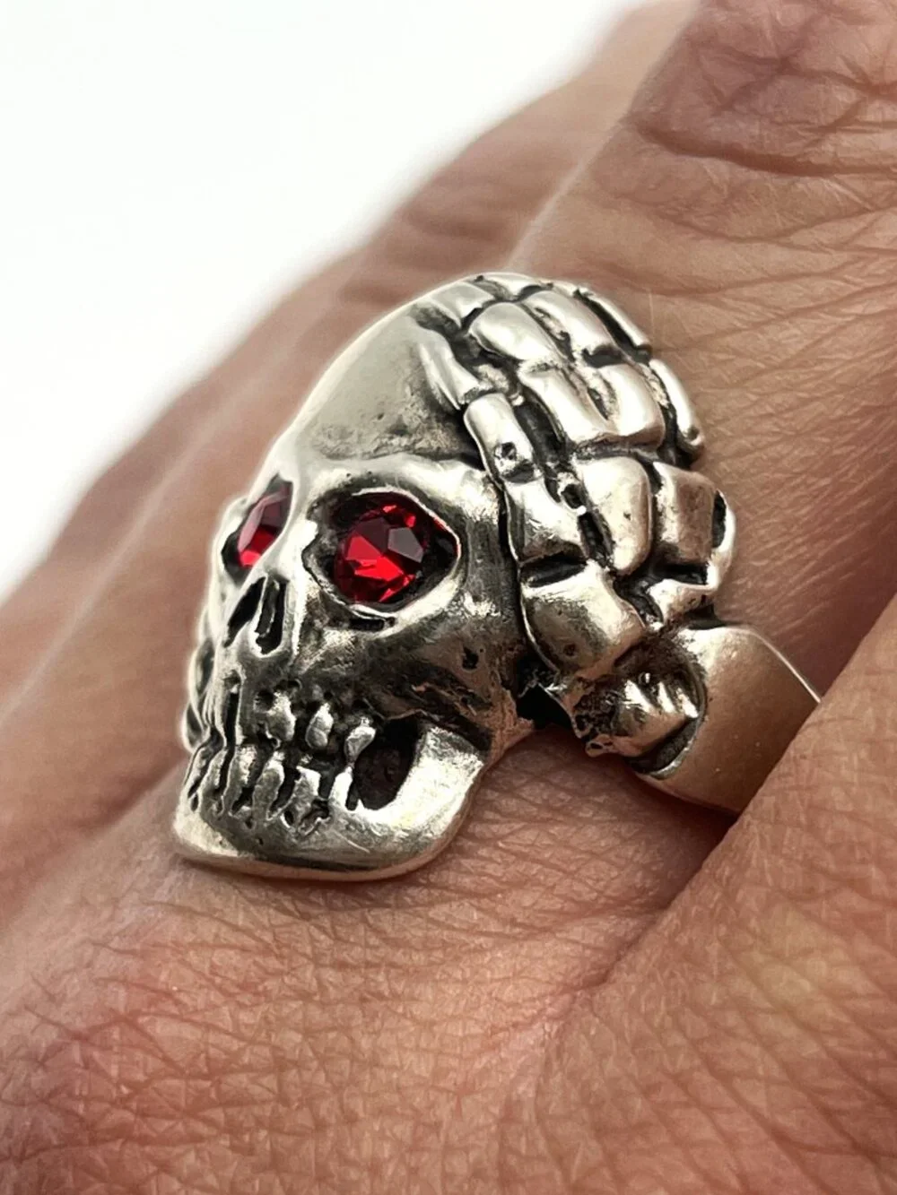 925 Silver Men's Gothic Skull Ring w/ Red Crystal Eyes & Skeleton Hands - Sz. 12